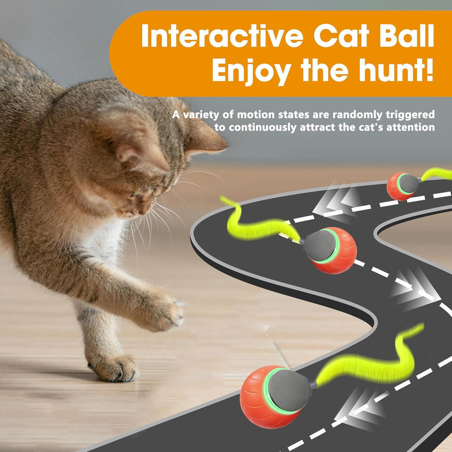 Interactive Cat Toy Ball with Tail&ndash;2025 Upgrades Cat Toys for Indoor USB-C Rechargeable, Auto Rolling, Smart Obstacle Avoidance, Self-Activating Electric Chase Toy for Bored Indoor Cats & Dogs image number 5