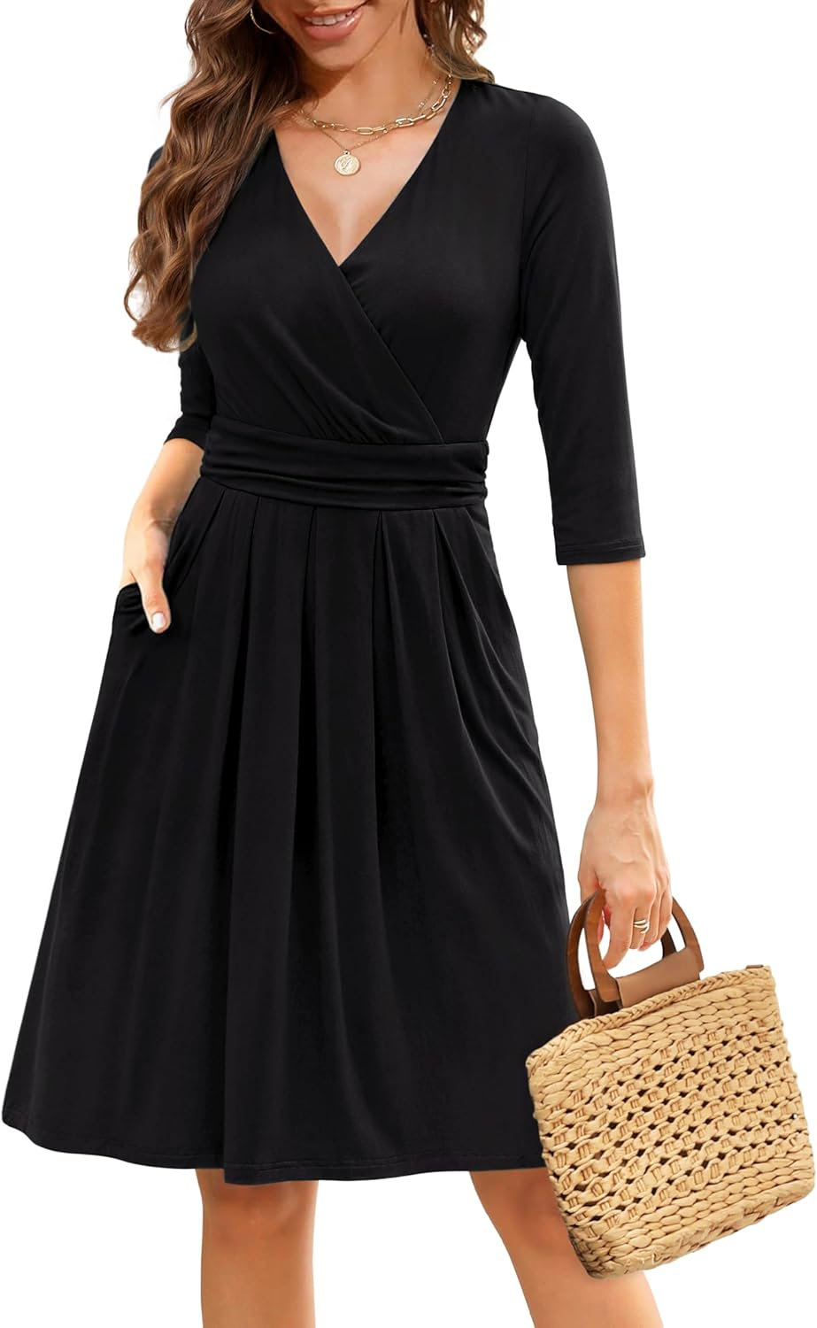 Zattcas Womens 2025 Wrap V Neck 3/4 Sleeve Cocktail Dress Pleated a Line Fit and Flare Wedding Guest Dress with Pockets