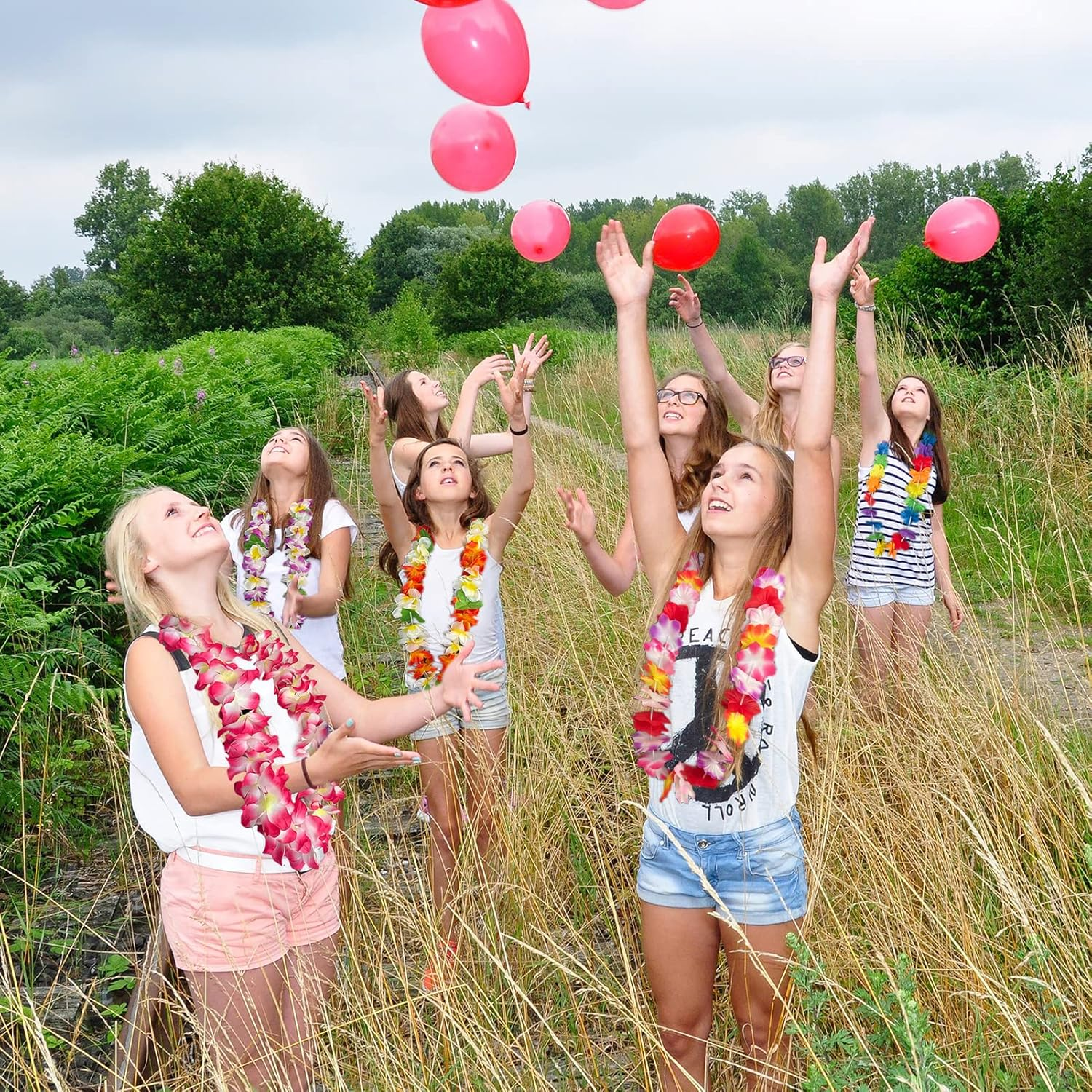 Gooduping 50 PCS Hawaiian Leis Luau Party Decorations Tropical Party Favors Lei Hawaiian Flower Hair Clip,Headbands and Wristbands Perfect for Your Hawaii Luaus Party.
