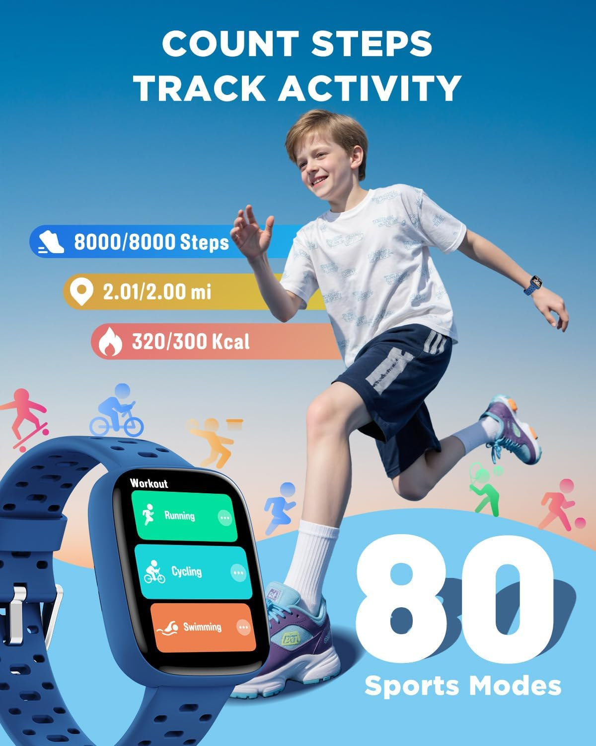 BIGGERFIVE Kids Watch No Phone Needed, 1.8" Amoled Smart Fitness Watch Pedometer, Sleep Tracker, 30M Waterproof, Step Counter, Puzzle Games, 100+ Dials, Gifts for Boys Girls 5-16, Blue image number 2