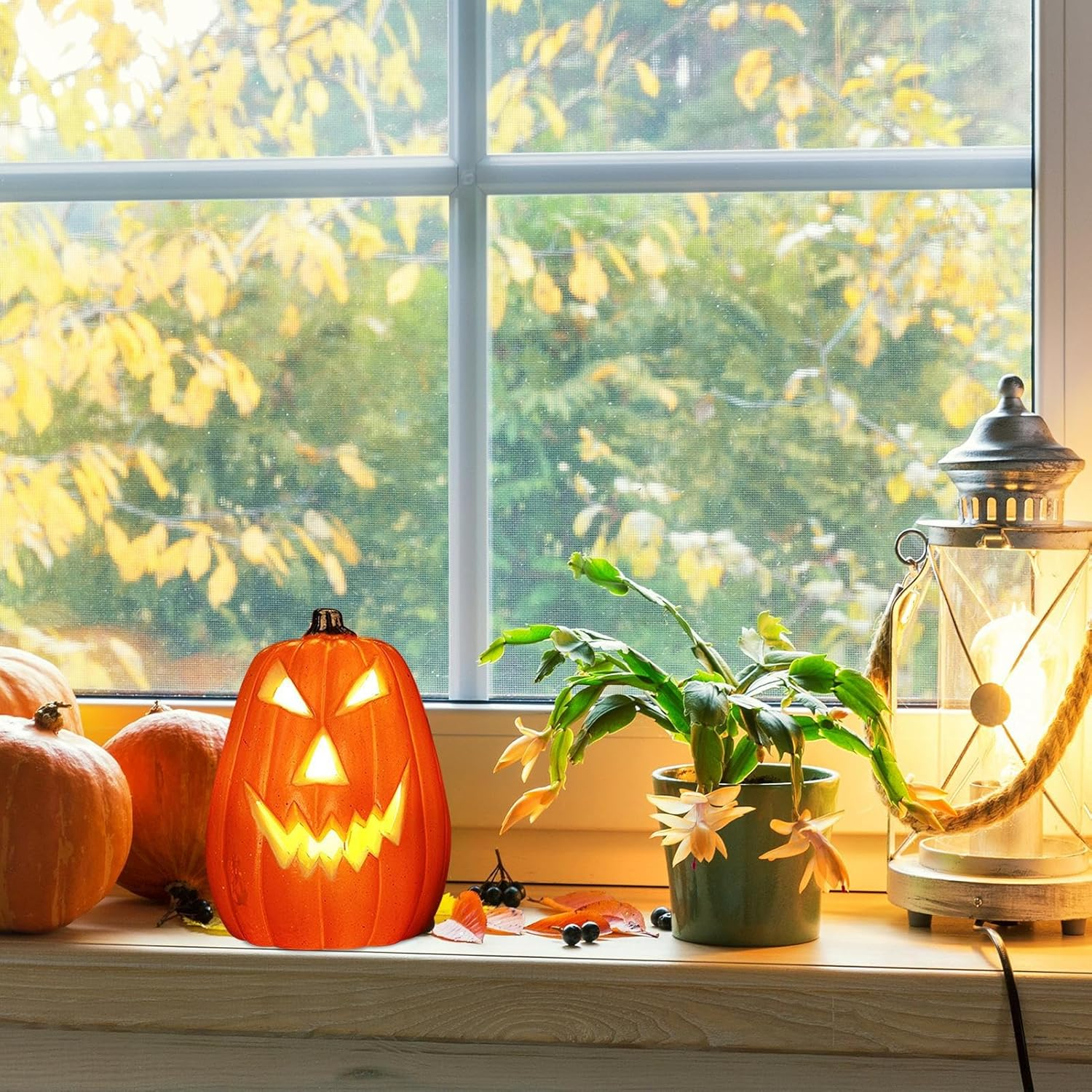 Light up Pumpkin - Decorative Scary LED Decor - Halloween Decorative Hollow Lights for Party Home Indoor Bedroom Living Room Kitchen Table Shelf Cabinet Fireplace Mantel image number 5
