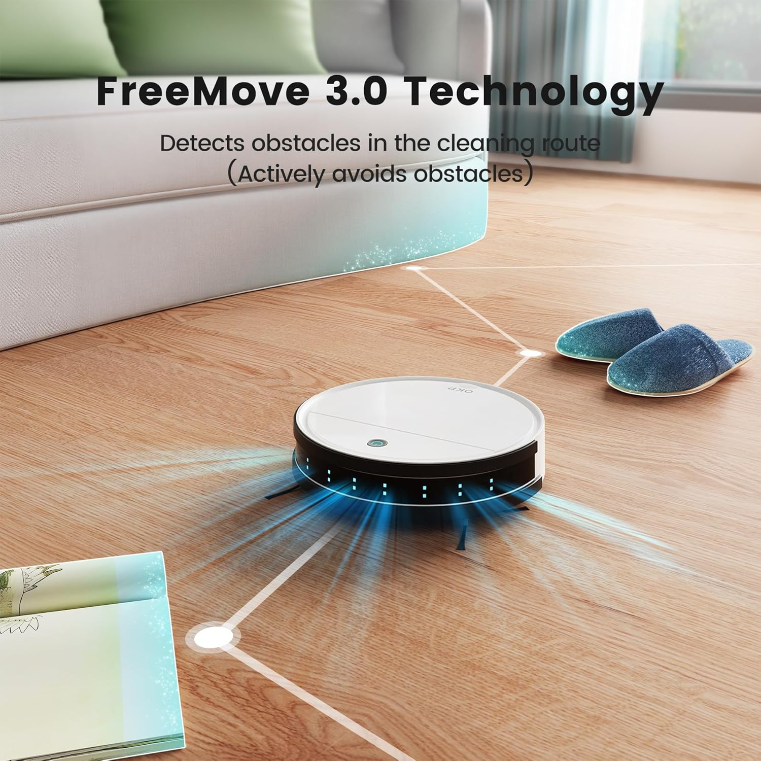 OKP K5 Robot Vacuum Cleaner with Freemove 3.0 Navigation, 2500Pa Strong Suction, Wi-Fi/Alexa App Control, 120 Mins Runtime, Auto-Charging, Ultra-Thin & Quiet, for Hard Floors Carpets Pet Hair, White - Ivory image number 6