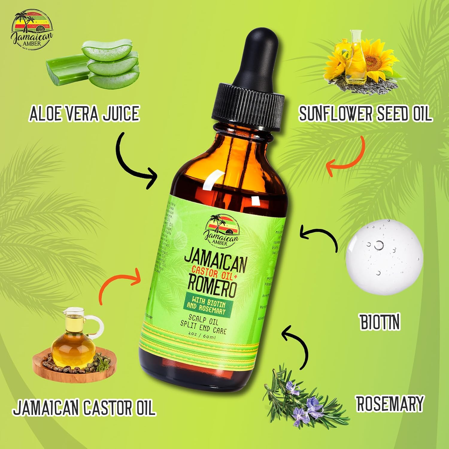 Jamaican Amber Organic Black Castor Oil - 60 Ml / 2 Fl Oz - for Hair Strength, Hair Scalp, Body Massage Oil, and Eyebrows - Formulated to Prevent Hair Loss, for Women and Men with Biotin & Rosemary image number 1
