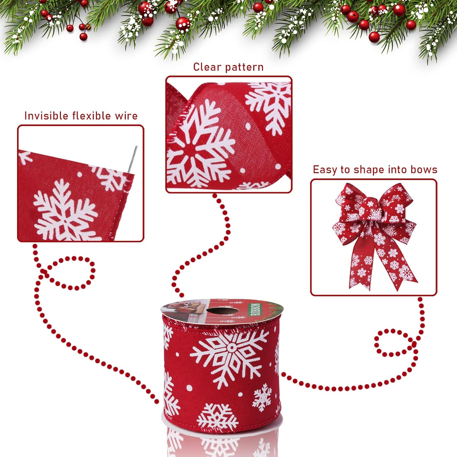 Vloso Christmas Ribbon Wired 2.5 Inch, 6 Roll 30 Yards - Santa, Snowman, Snowflake, Buffalo Plaid for Wreaths, Bows, Decor, DIY Crafts