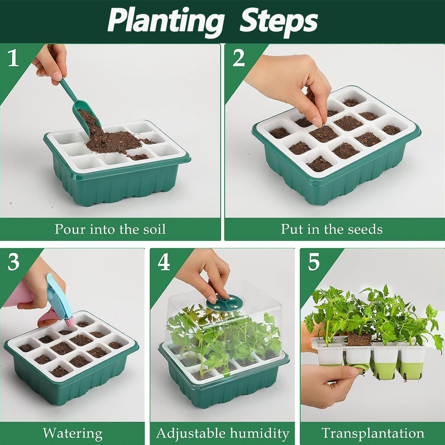 Seed Starter Tray, 12 Cells Indoor Seed Starter Kit, Reusable Flexible Silicone Designed Seedling Starter Trays, 4In Height Germination Tray with Humidity Dome & Lids image number 6