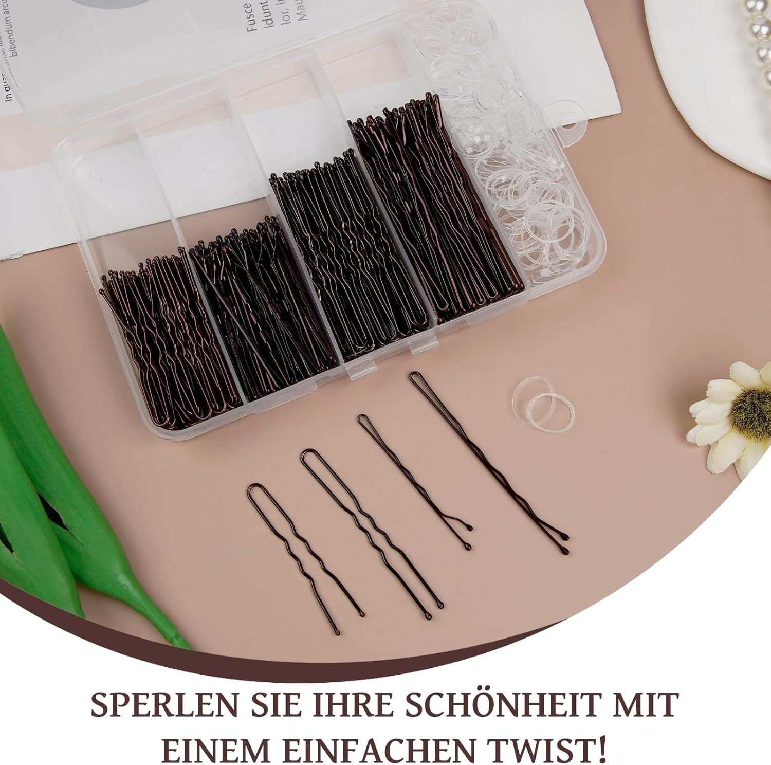 Pack of 500 Bobby Pins Brown Set - U-Shaped Hair Clips (2 Inches, 2.36 Inches), Wave Shape Invisible Hair Pins (2 Inch 2.75 Inches), Transparent Hair Bobbles with Storage Box, for Weddings, Bridal image number 1