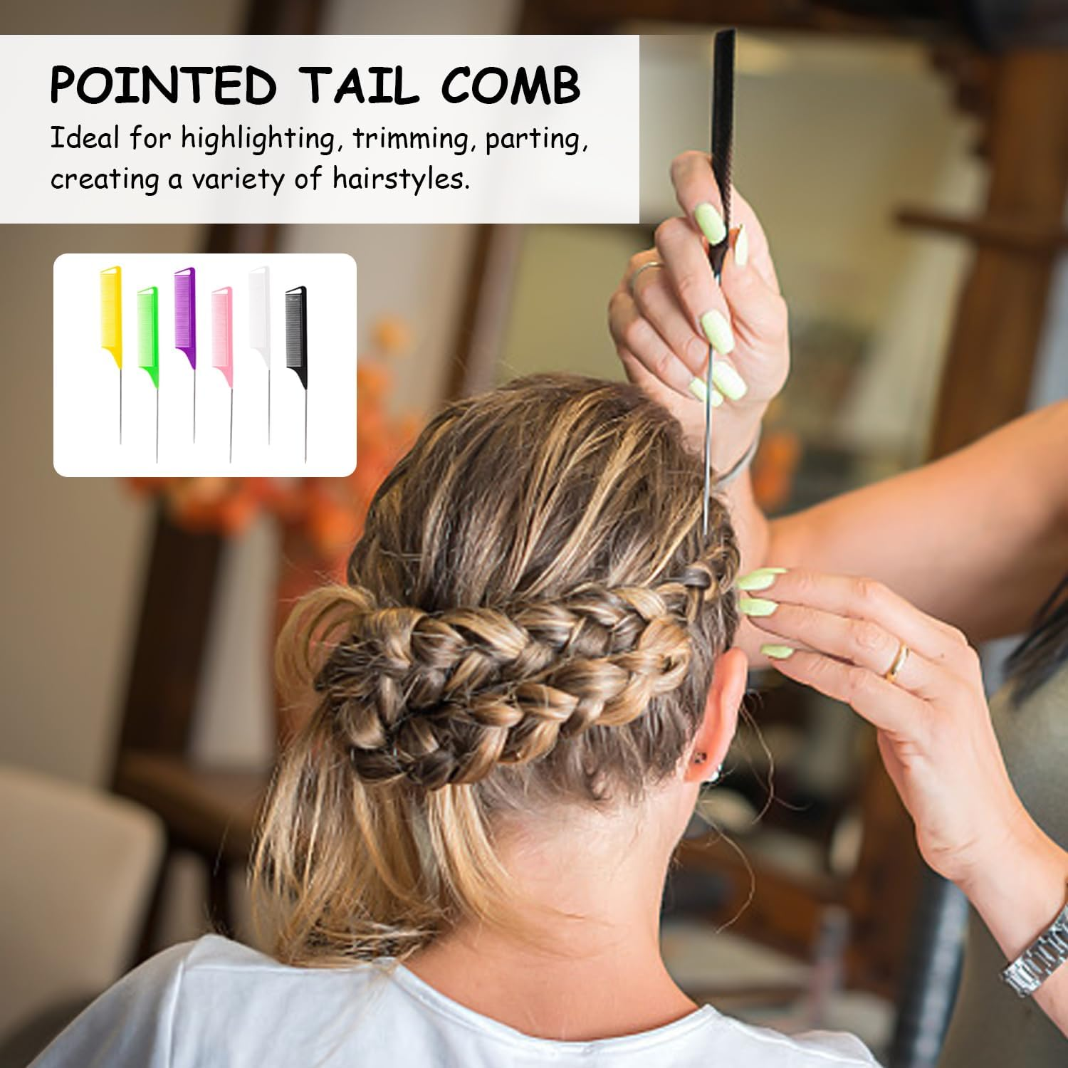 6 Piece Piece Comb Hair Comb Carbon Fiber Metal Fine Tooth Comb Pointed Tail Comb Professional Grooming Kit for Highlighting, Trimming, Styling, Parting (Multiple Colors) image number 2