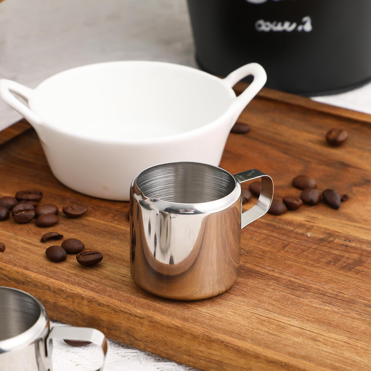 EXHUMKY 2Pcs Stainless Steel Milk Pitcher Cups 60Ml Foaming Jug Coffee Frothing Pitchers for Espresso Latte Art and Sauce Serving in Kitchen image number 5