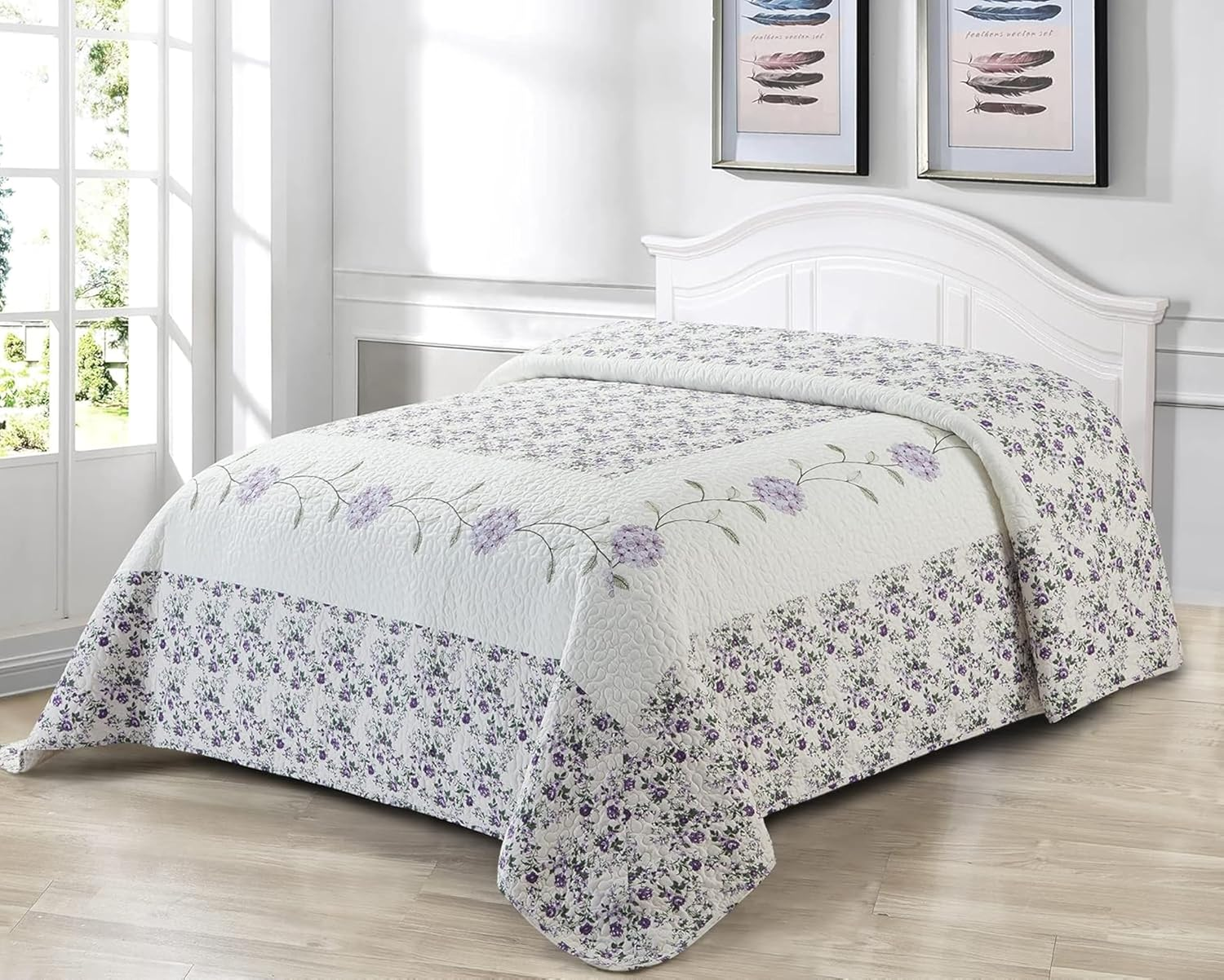 Beatrice Home Fashions Carnation Floral Embroidered Quilted Bedspread, Lightweight, All-Seasons, Full, Lavender image number 5