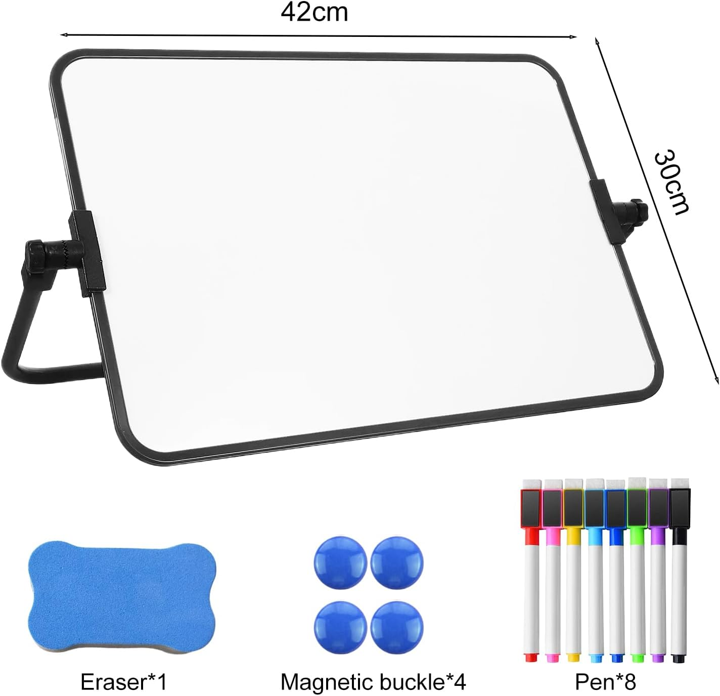 Magnetic Dry Erase Whiteboard with Stand, 42 X 30 Cm Double-Sided Desktop Small White Board Set, with 8 Markers, 4 Magnets and 1 Eraser, Portable Mini Whiteboard for Drawing, Office, Home, School - Silvery image number 4