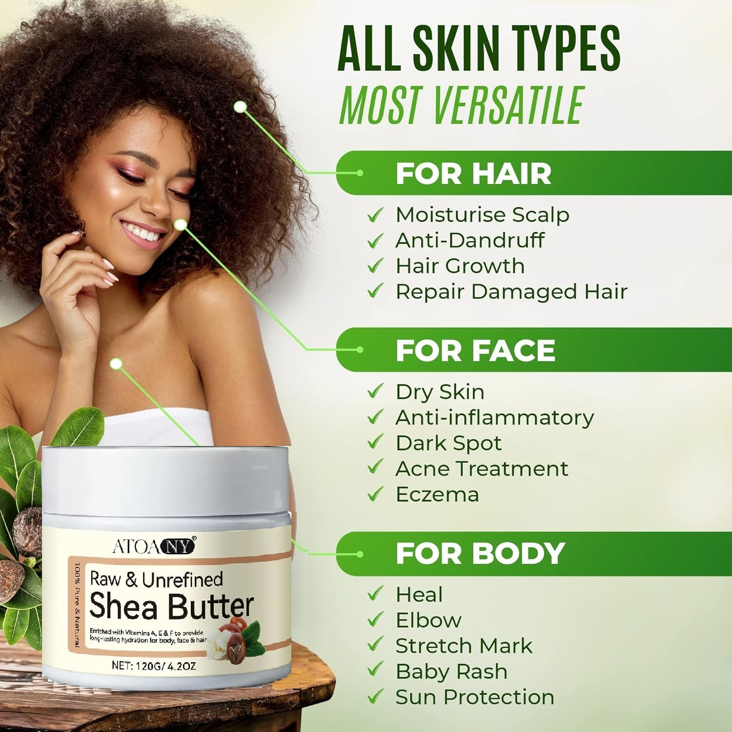 Pure Organic Shea Butter, Natural Raw Unrefined Butter, Hair Skin Body Face Lips Care, Enriched Vitamins, Nature Hydrating Moisturizing, Skincare Cream for Dry Cracked Skin & Stretch Marks & Anti-Aging, 4.2Oz/120Gr image number 3