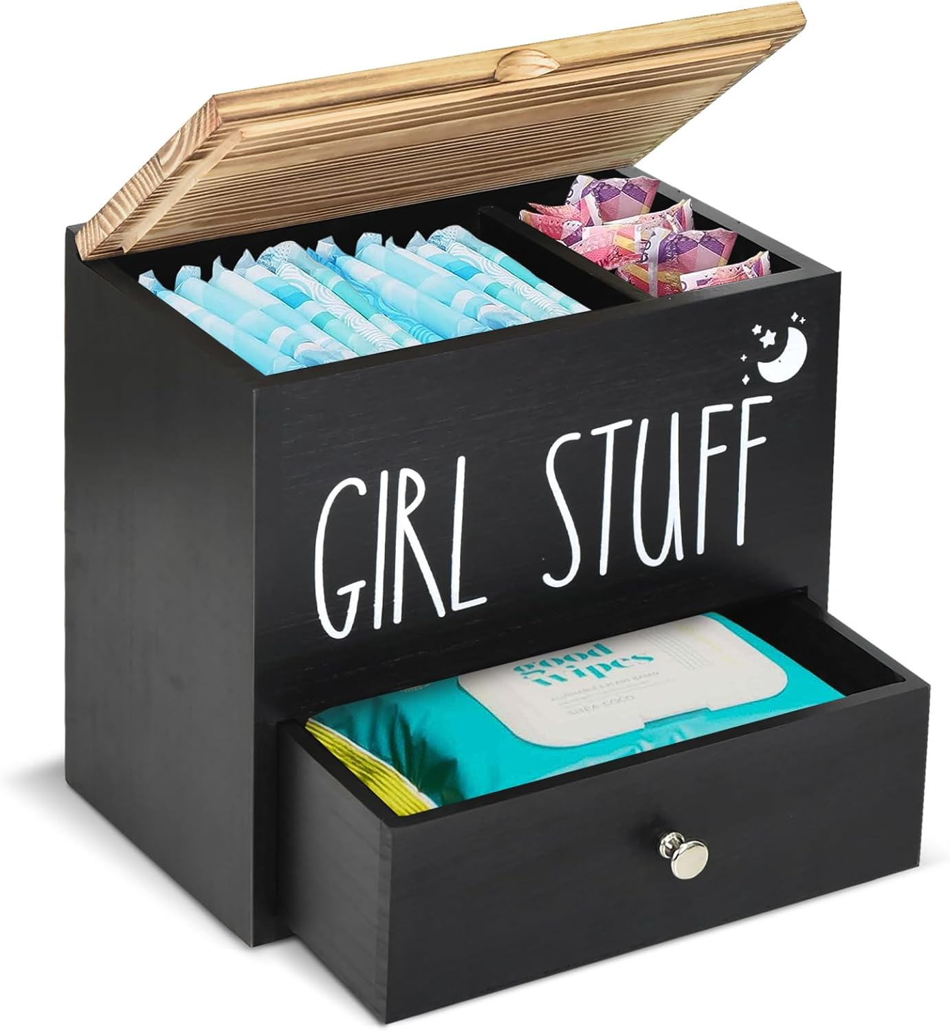 Tampon Holder for Bathroom Decor and Storage, Wood Feminine Product Organizer with Drawer and Lid, Pad and Tampon Organizer Bathroom Accessories Box for Tampon Storage, Black Cotton Ball/Swab Holder image number 4