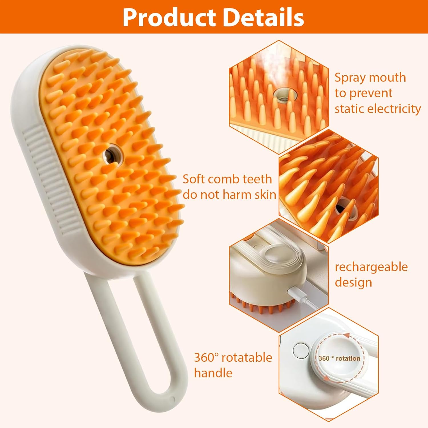 Cat Brush with Steam Pet Spray Massage Comb Steam Brush Dog Steamy Brush Cat Pet Hair Brush Cat Massage Brush Cats and Dog Care to Eliminate Flying Hair Care Massage (Orange) image number 5