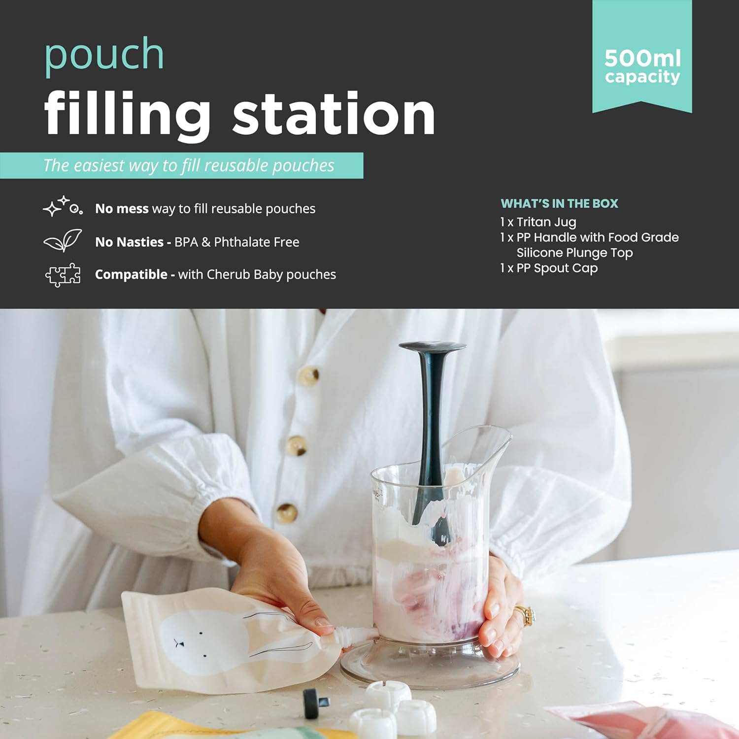Cherub Baby Reusable Puree Pouch Filling Station 500ML for Reusable Food Pouches | No Mess Baby Food Prep System | Batch Cooking Essential | Easy Fill Puree Maker Accessory image number 2