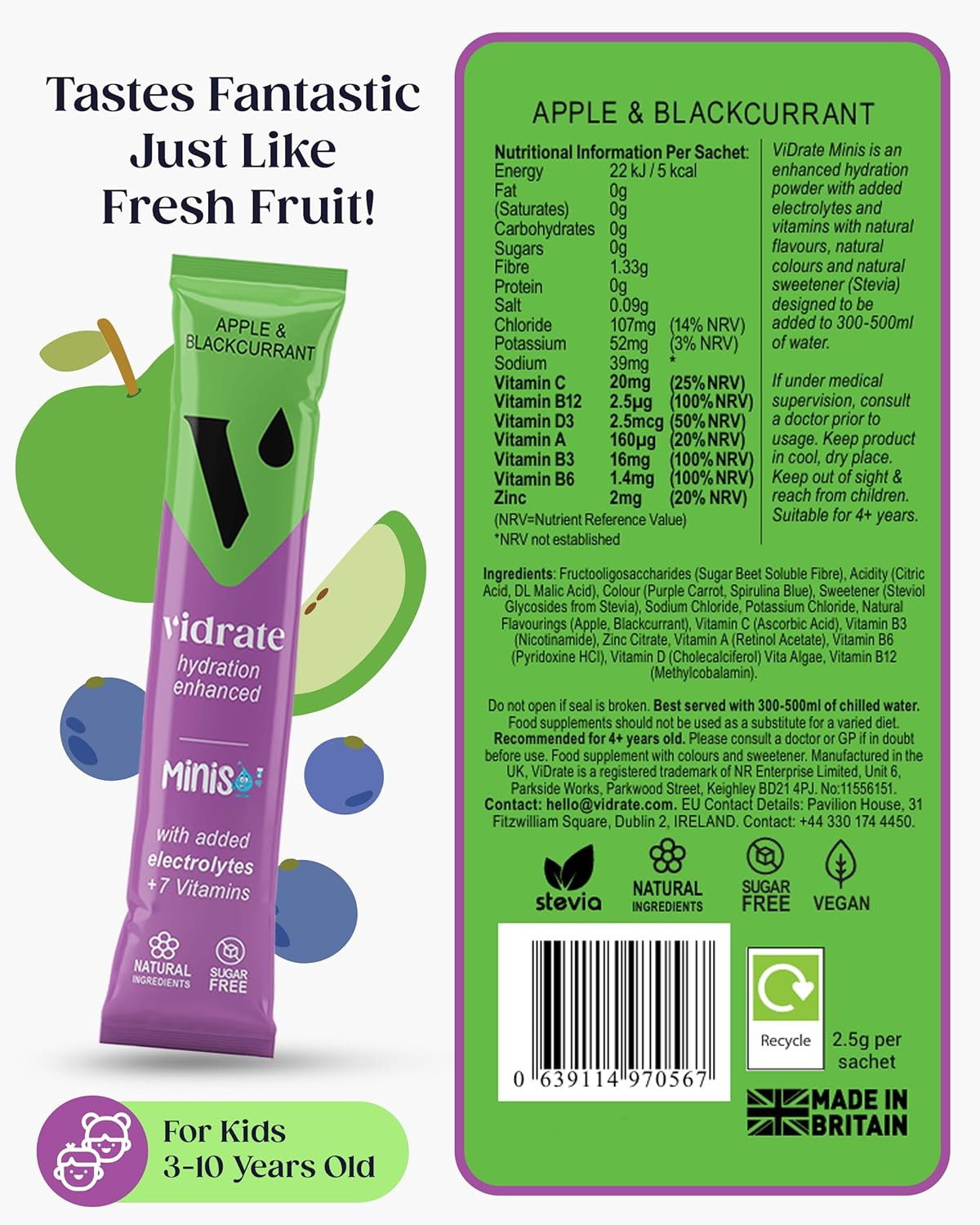 Vidrate Electrolyte Powder for Kids - Apple & Blackcurrant Flavoured Vitamin Water with Natural Ingredients & Zero Sugar - Hydration Drink for School & Sports - 8 Pack Minis Electrolyte Sachets image number 6