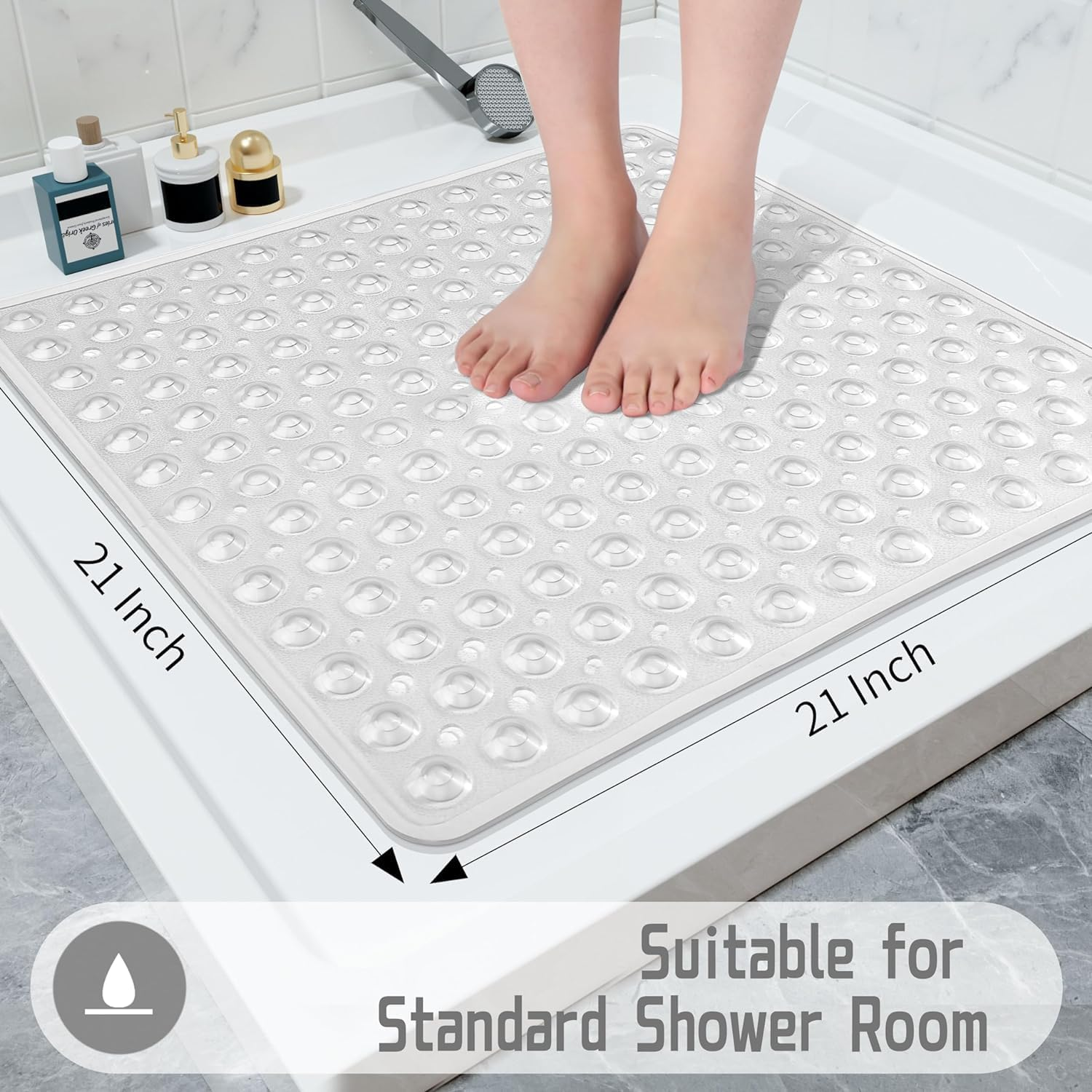 Square Shower Mat Non Slip - 53 X 53Cm, anti Mould Soft Shower Stall Mat with Suction Cup and Drain Holes, Rubber Bathtub Mat Stall Floor Mats for Bathroom, Machine Washable, Bathroom Accessories image number 2