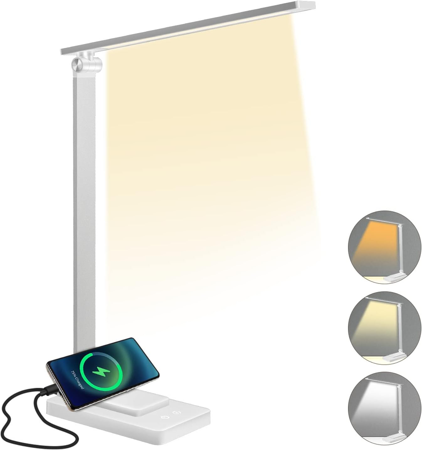 LED Desk Lamp Eye-Caring Touch Control Table Lamp with USB Charging Port 3 Lighting Modes 5 Brightness Levels for Office Study Room Bedroom (White)