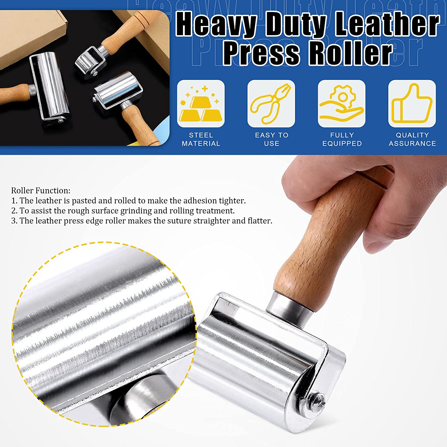 Glarks 3Pcs 26Mm 60Mm 100Mm Leather Press Edge Rollers Leather Edge Creaser and Smoother for Leather Glue Laminating, Quilting, Platen Tools image number 5