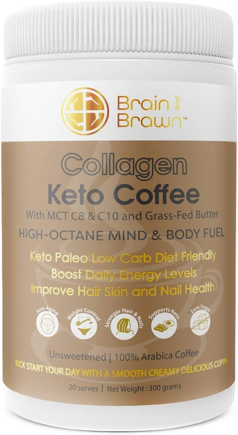 Collagen Coffee - Hydrolyzed Collagen Peptides for Skin, Hair and Nail Health, MCT Oil, Grass-Fed Butter and Acacia Fibre, 100% Arabica Coffee, Keto/ Paleo / Low Carb Friendly, Unsweetened, All-In-One Instant Coffee 300G (20 Serves)