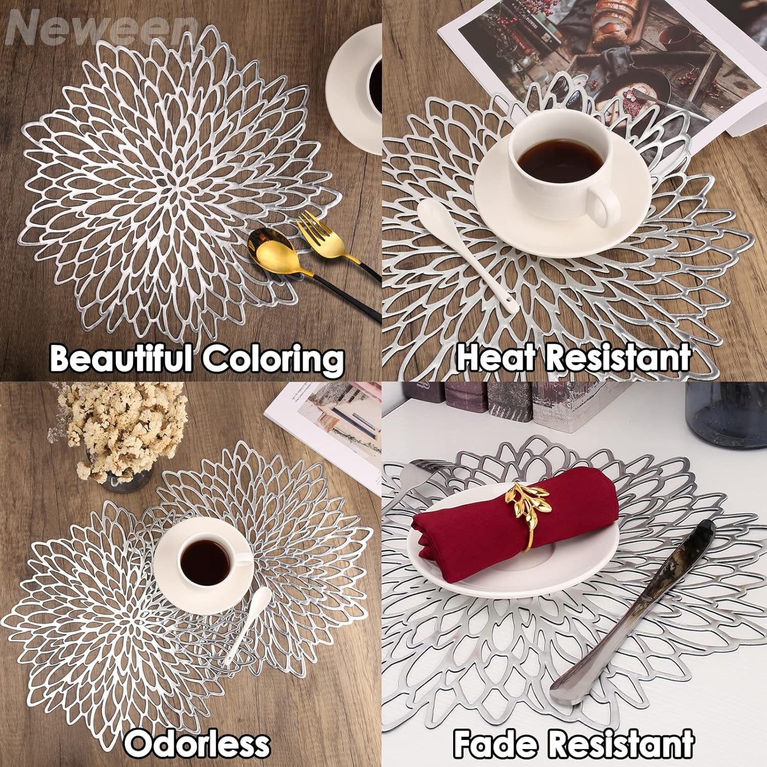 Neween round Placemats Set of 4, 38 Cm Washable Heat Resistant round Table Mats, Hollow-Out PVC Place Mats for Dining/Kitchen Table, Restaurant, Party, Wedding (Silver) image number 3