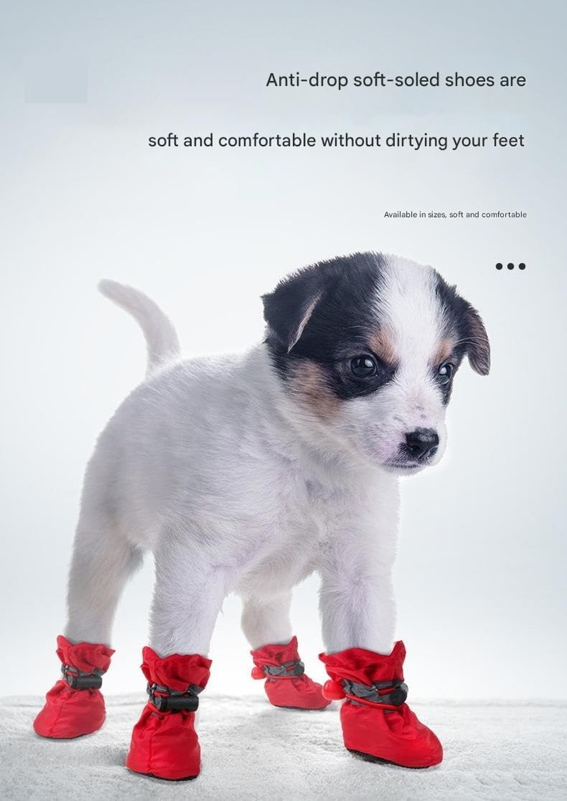 Dog Boots Water Resistant Dog Shoes with Reflective Straps, Soft Plush Lining and Anti-Slip Sole (Red, 4)
