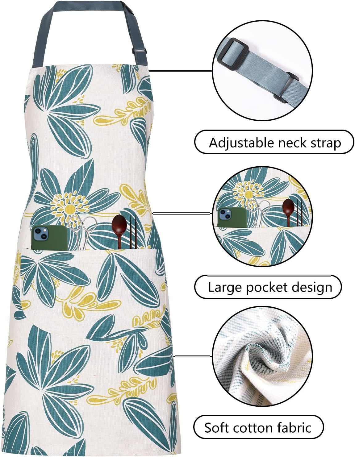 2 Pack Floral Apron for Women with Pockets, Adjustable Cotton Chef Aprons for Kitchen, Cooking, BBQ & Grill image number 6