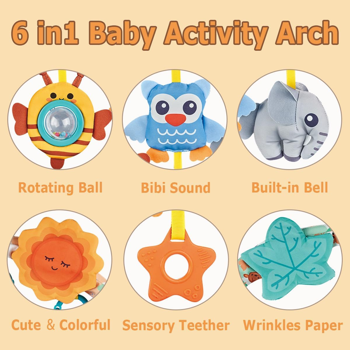 Baby Arch Activity Toy for Infant ＆ Toddlers, Fits Stroller, Car Seat and Bassinest, Baby Adjustable Crib Hanging Toy with Rattles, Stimulates Baby'S Senses and Motor Skills Development(Animals) image number 4