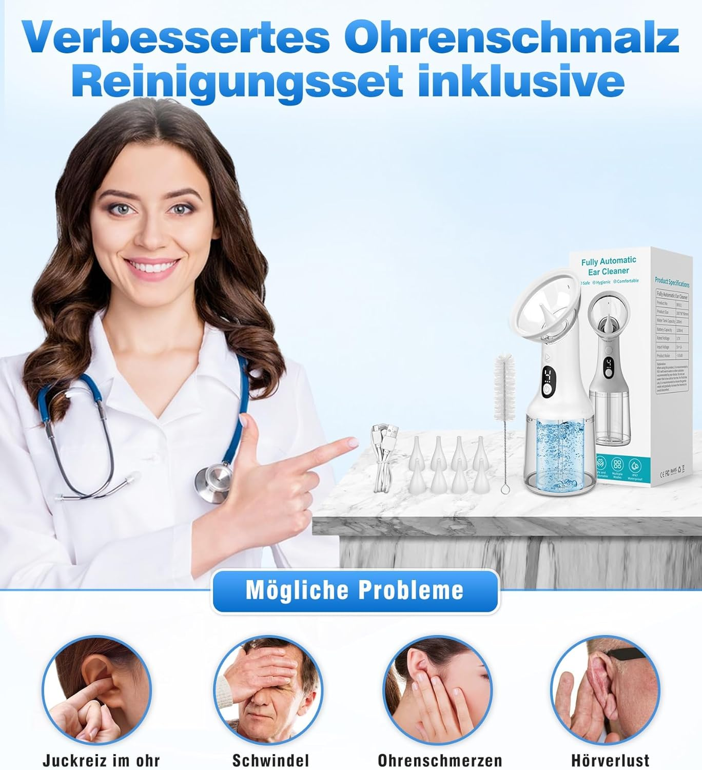 Upgraded Ear Cleaner Ear Wax Removal with One-Piece Waste Tank, 4 Pressure Modes, IPX7 Waterproof Ear Irrigation System with 8 Nozzles, Ear Flushing Cleaning Tool for Kids, Adults, Home Use