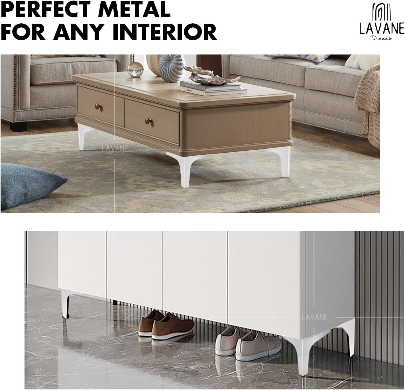 La Vane 5 Inch / 13Cm Metal Furniture Legs, Set of 4 - Modern Diamond Triangle White DIY Replacement Feet Corner Legs for Cabinet, Sofa, Sideboard, Couch, Dresser Makeover image number 4