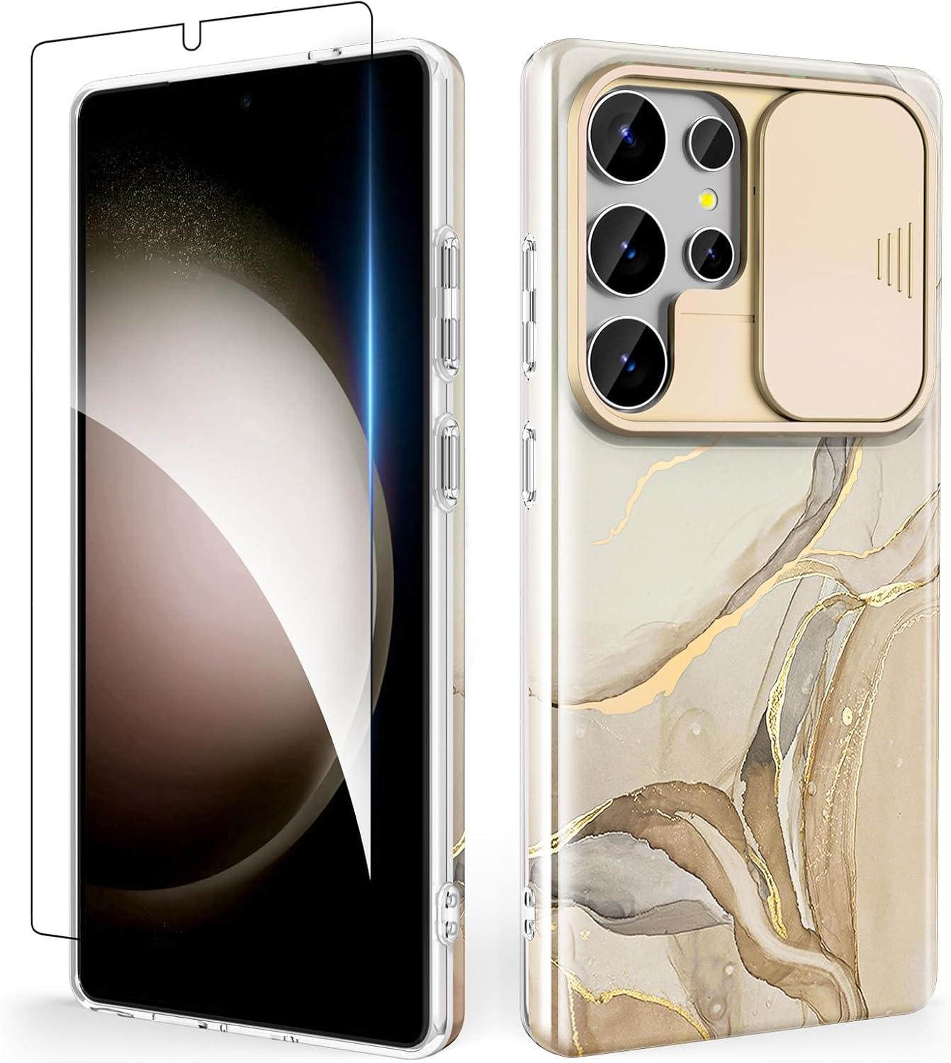 SHEDEER for Samsung Galaxy S25 Ultra Case, with Slide Camera Cover & Screen Protector, Chic Pattern, Shockproof 360 Degree Protective Slim Thin Phone Case Cover for Galaxy S25 Ultra, White