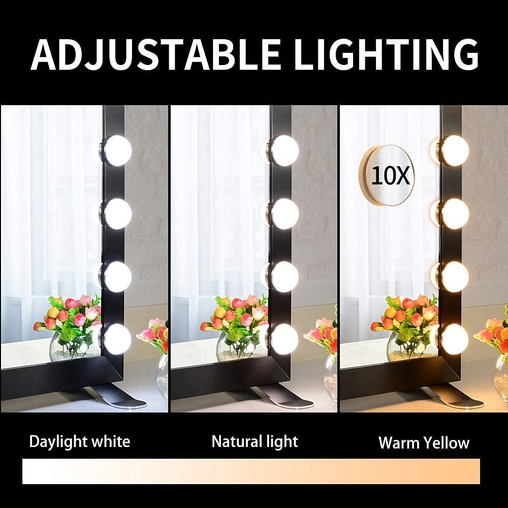 BEAUTME Hollywood Mirror,Lighted Vanity Mirror with Lights,Large Dressing Mirror Illuminated Cosmetic Makeup Mirror with LED Bulbs.Aluminum Bedroom Wall Mirror (Black, 68*55.2Cm) image number 5