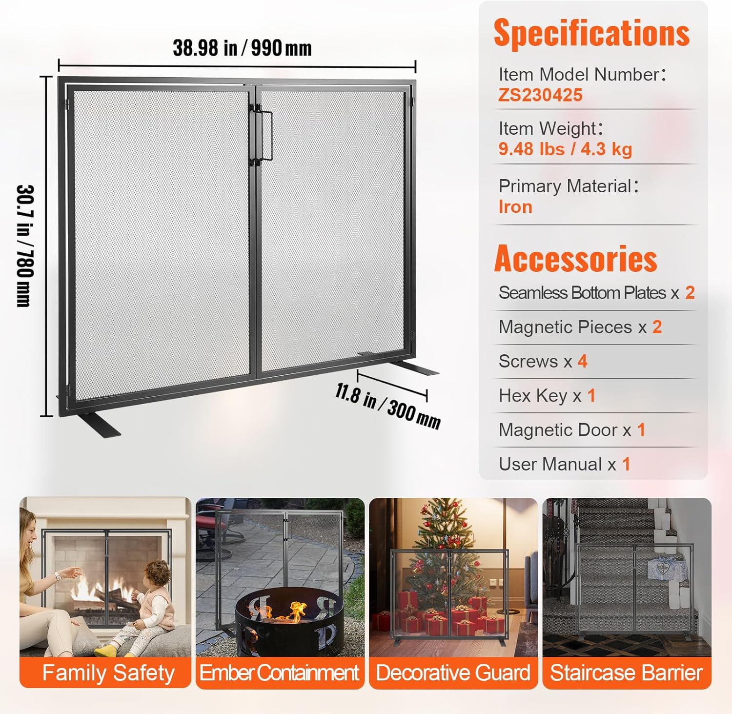 VEVOR Fireplace Screen 1 Panel with Door, Sturdy Iron Mesh Fireplace Screen, 990(L) X780(H) MM Spark Guard Cover, Simple Installation, Free Standing Fire Fence Grate for Living Room Home Decor Modern image number 1