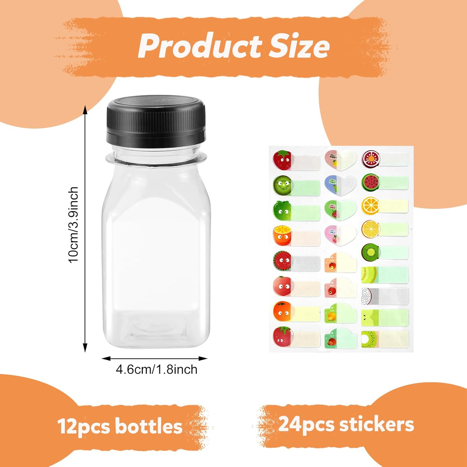 HXC Juice Bottles - 12 Pack 4Oz/120Ml Reusable Plastic Shot Bottles with Lids for Smoothie, Milk, or Juice Drinks - Includes Fruit Stickers image number 4