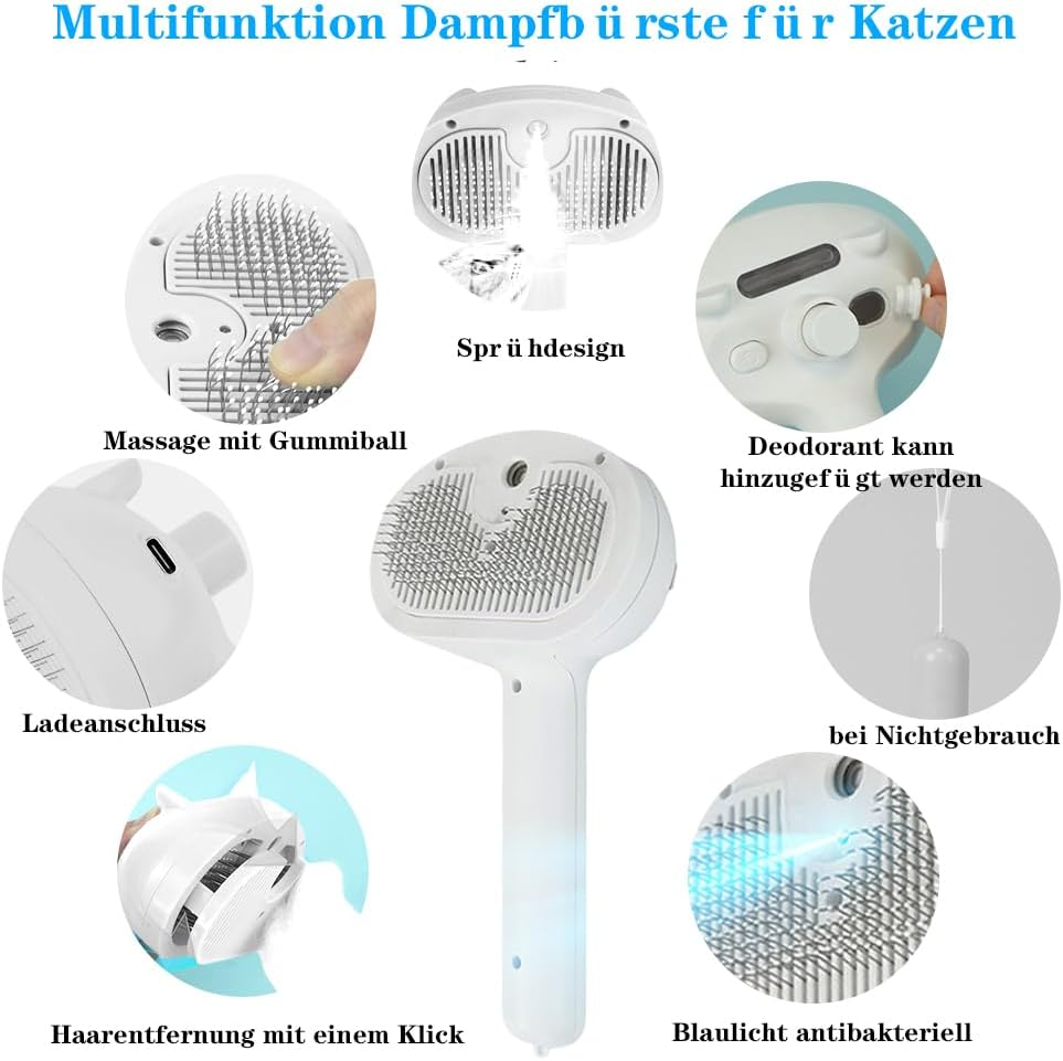 CEWROM Cat Brush with Steam, 3-In-1 Steam Brush Cat, Antistatic Knot-Resistant Hair Removal, Pet Brush, Self-Cleaning One Button with Water Tank, Cat Care Brush for Long Hair, Short Hair, White