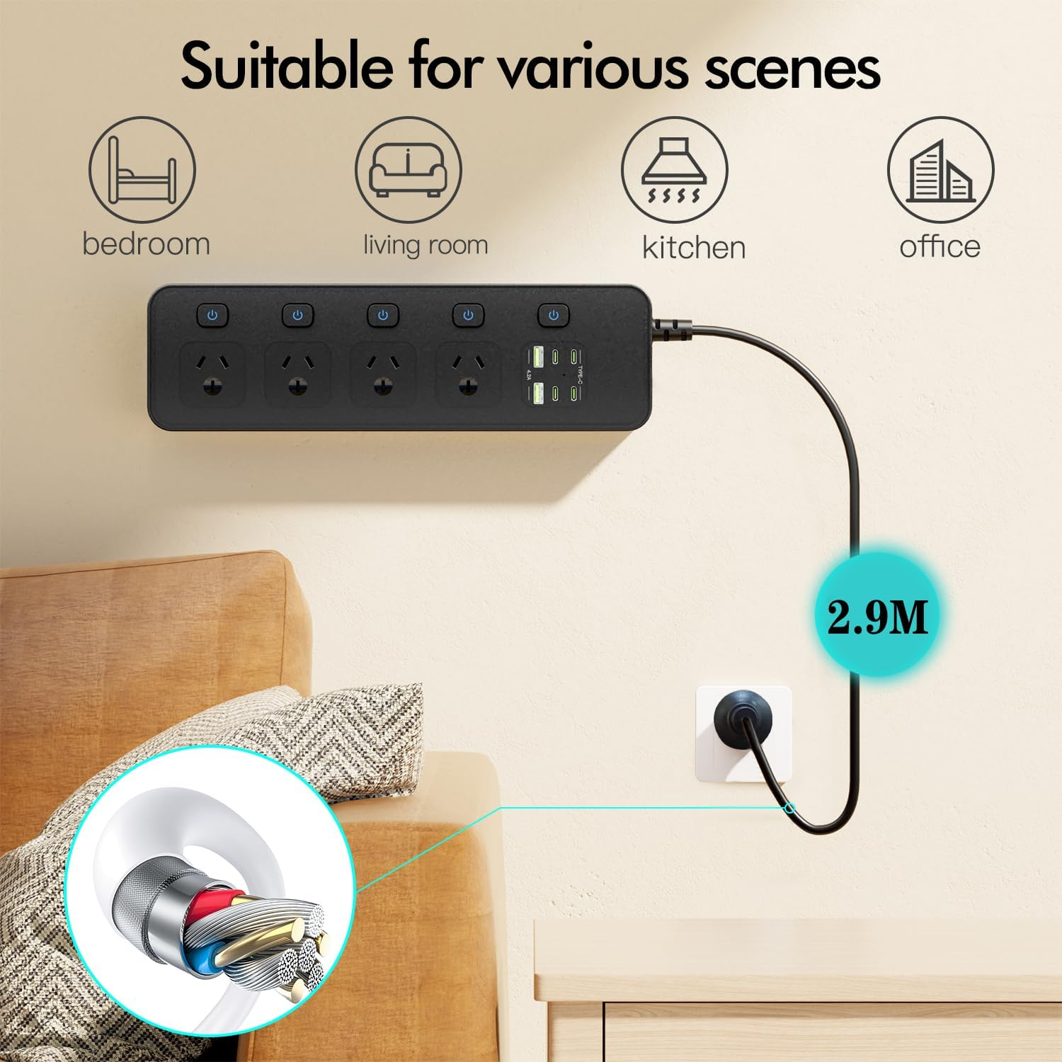 Power Board 3250W with Individual Switch,10-In-1 Power Strip with 4 AC Outlets, 6USB Ports(4 USB C) Surge Protector Powerboard, 2.9M Extension Cord Power Strip,Wall Mount for Home Office (Black)