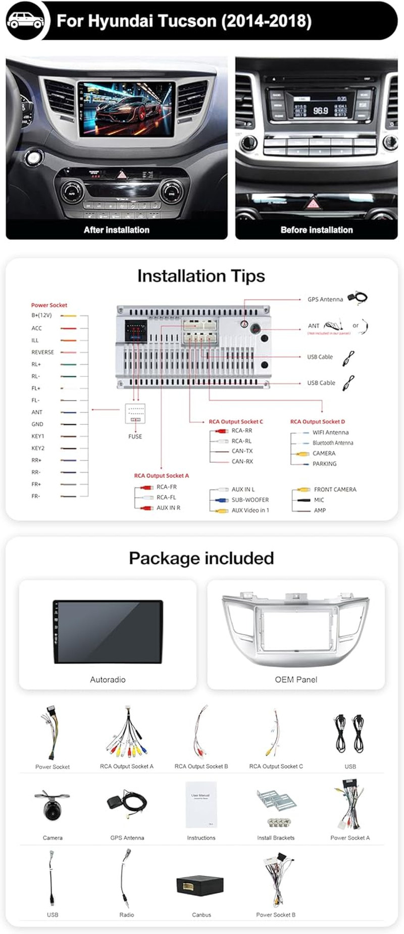 Android 14 IPS Car Stereo for Hyundai Tucson (2014-2018) - 2G+32G - Wireless Carplay/Android Auto - Rear Camera Free - 9 Inch 2 Din - DAB Steering Wheel Fast-Boot DSP Bluetooth Wifi GPS Navi image number 1