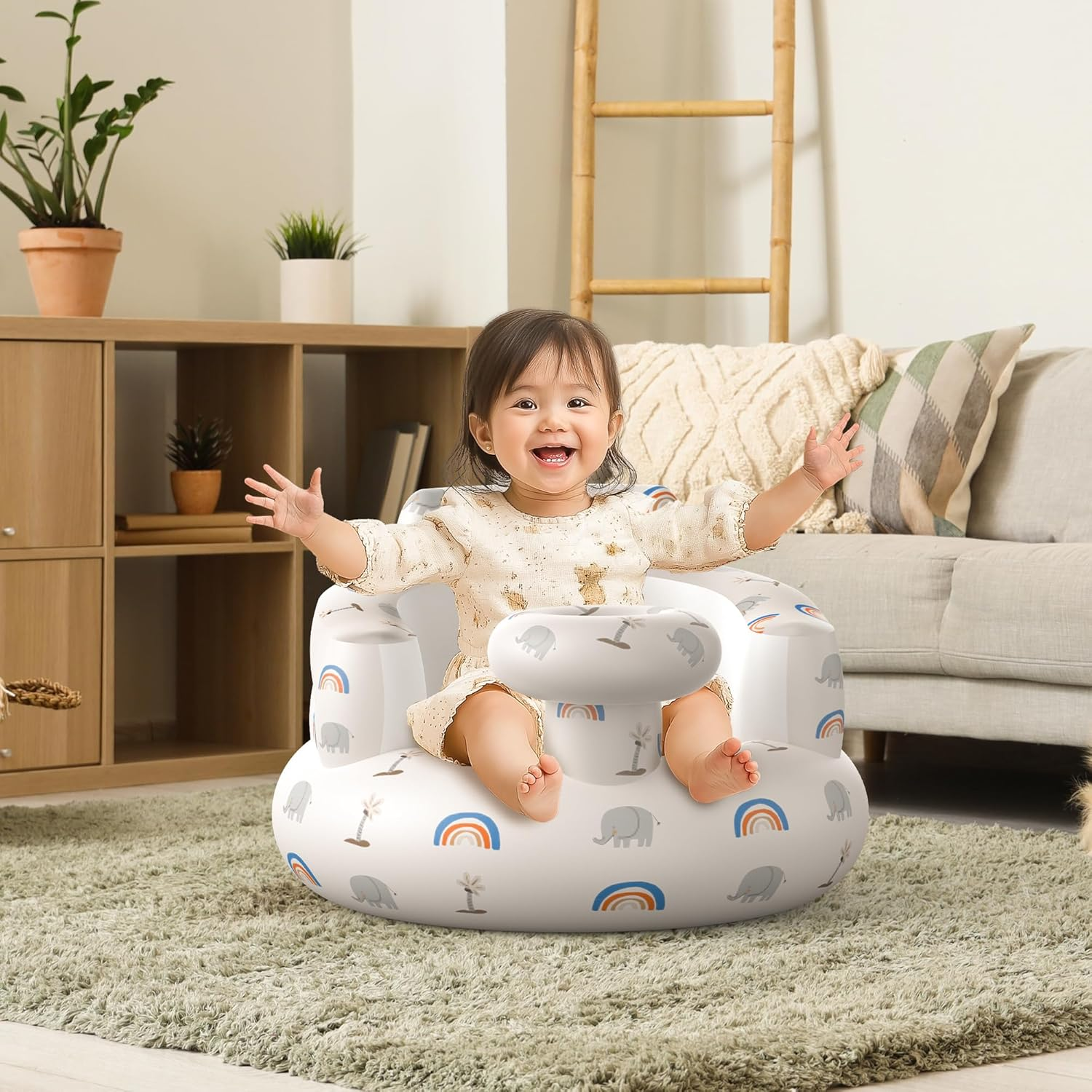 Inflatable Baby Floor Seat, Suitable for 3 Months and Up, Foldable Baby Chair with Built in Air Pump, Portable for Anywhere, Cute Patterns, for Baby image number 5