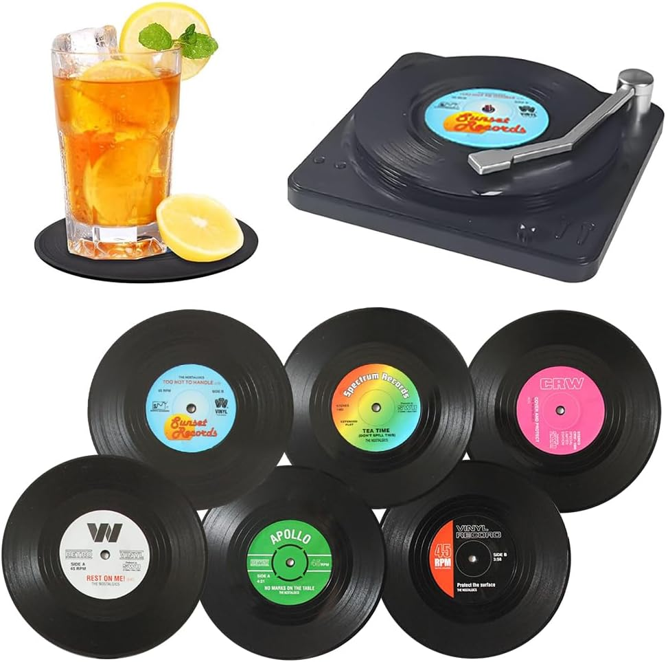 Miss Rui Retro CD Vinyl Record Coasters Set of 6, Personalised Heat Insulation Non-Slip Tabletop Protection Cup Mat for Coffee Tea Beer Mug Drink Tableware Home and Bar