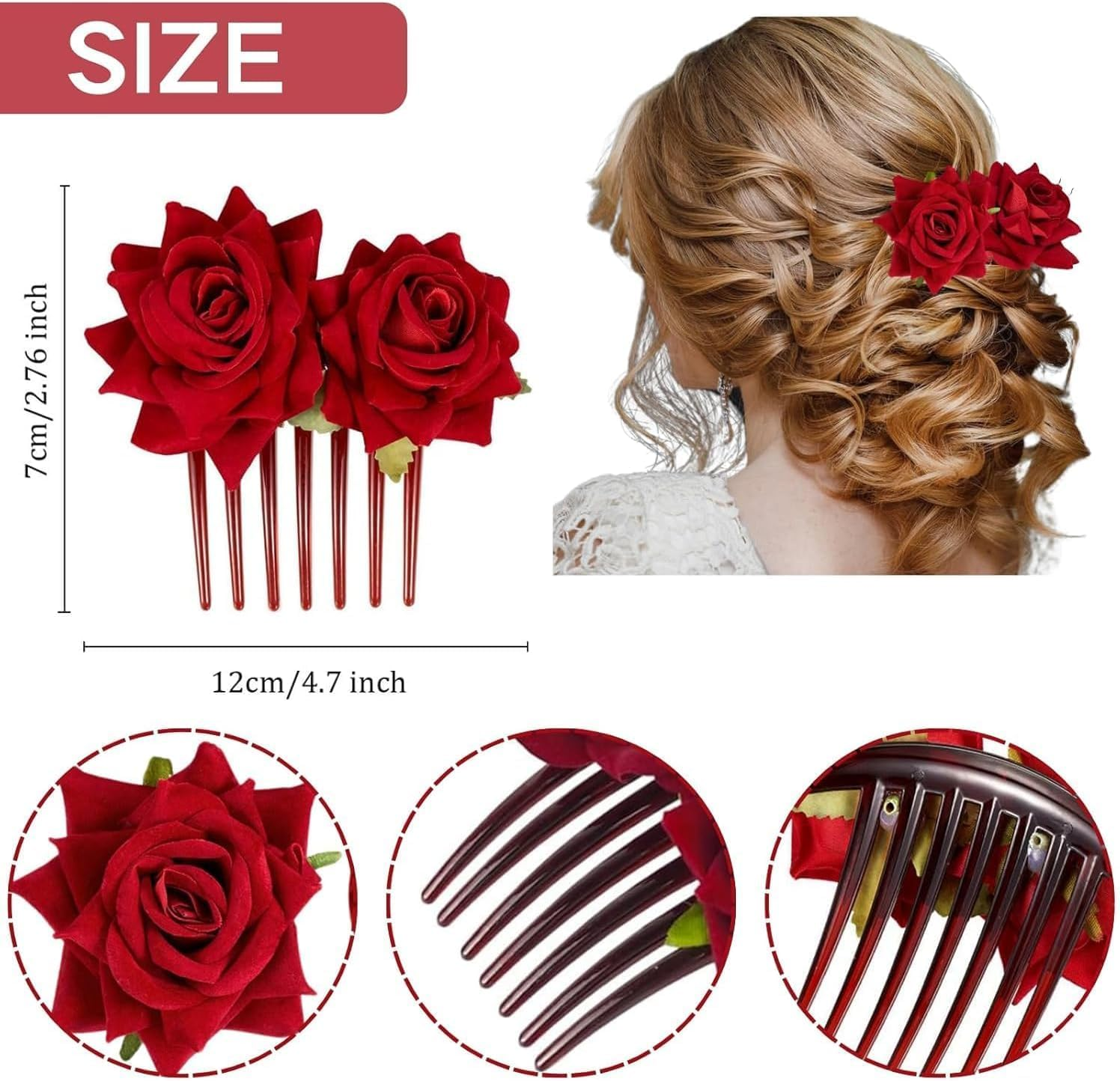 Xiaaofea 4 Pieces Large Rose Hair Clip and Brooch Set, Floral Hair Accessories for Women, Flamenco Dancer, Bridal Party Wedding, Bridesmaid Hairpin image number 2