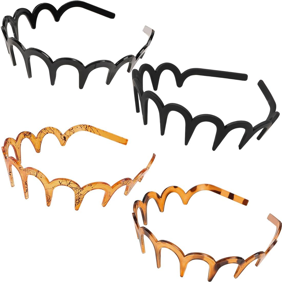GGUFAY Women'S Headbands, Set of 4, Wavy Hair Accessories with Plastic Teeth, for Everyday Use, Fitness, Party (Black, Brown, Snake Pattern Grey) image number 1