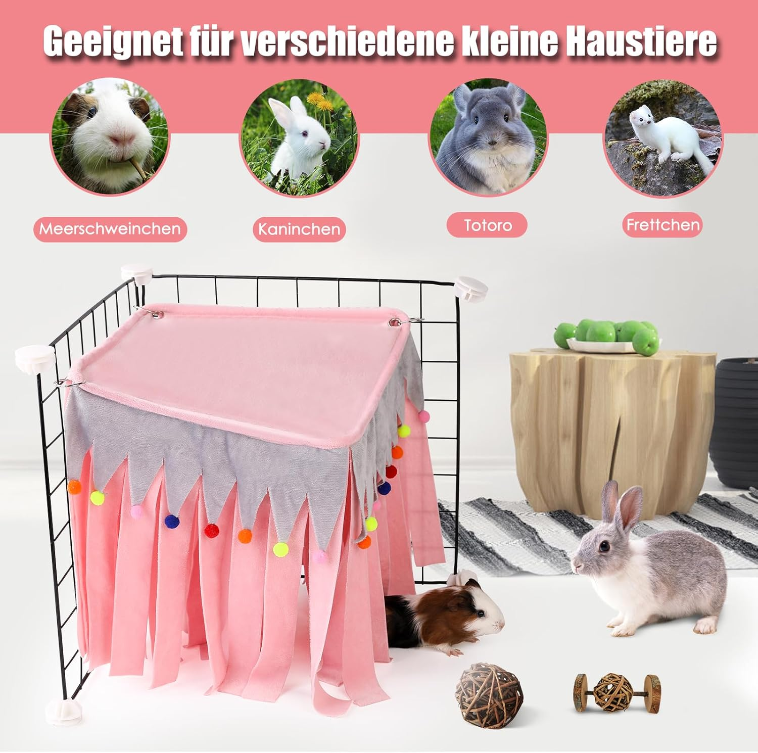 ONEJU Guinea Pig Hideout, Hideout for Guinea Pig, Guinea Pig Hideouts, Four-Sided Guinea Pig Hideouts for Guinea Pig, Bunny, Hamster, Chinchilla, Rabbit without Metal Fences - Pink image number 2