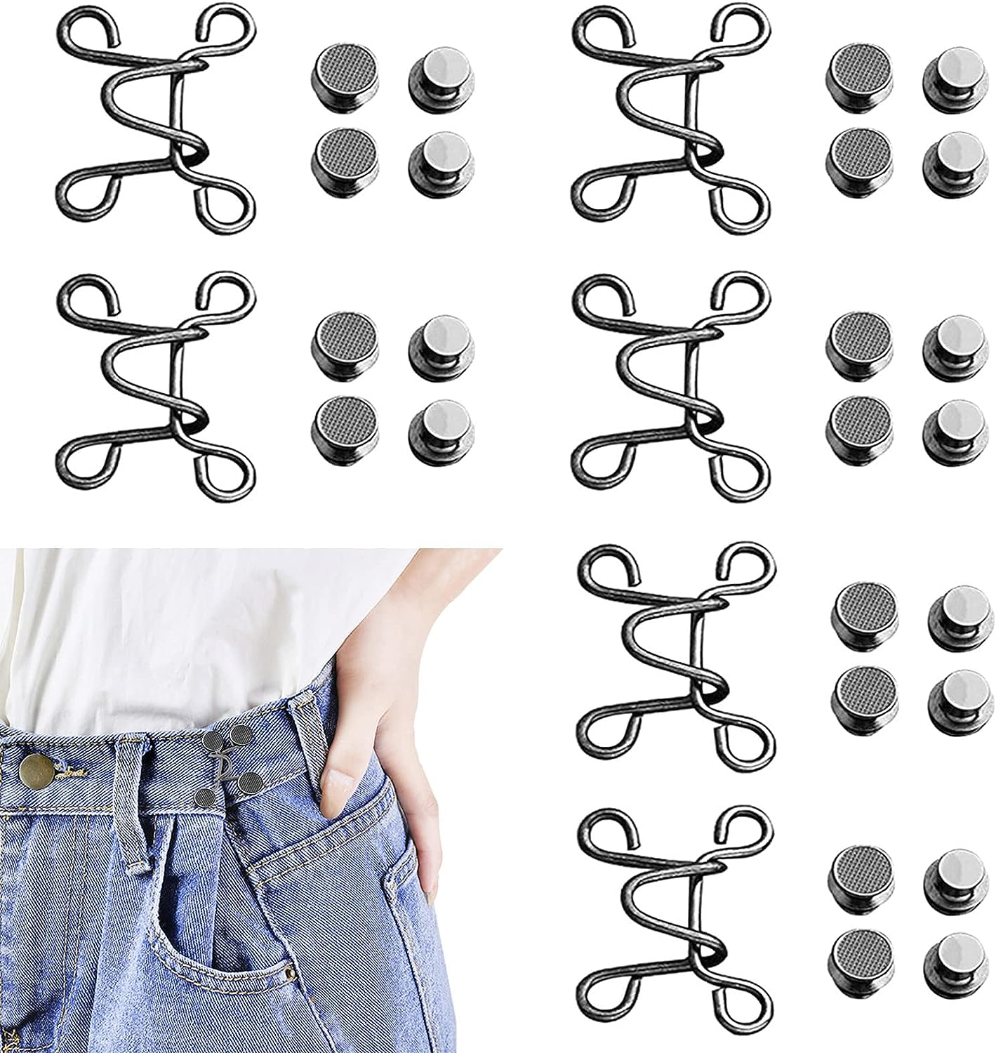 8 Set Pant Waist Tightener, Adjustable Waist Buckle Set, Jean Buttons Pins, No Sewing Required, Jeans Button Replacement Pant Clips for Women Skirt Pant Jeans（White Black Pearl）