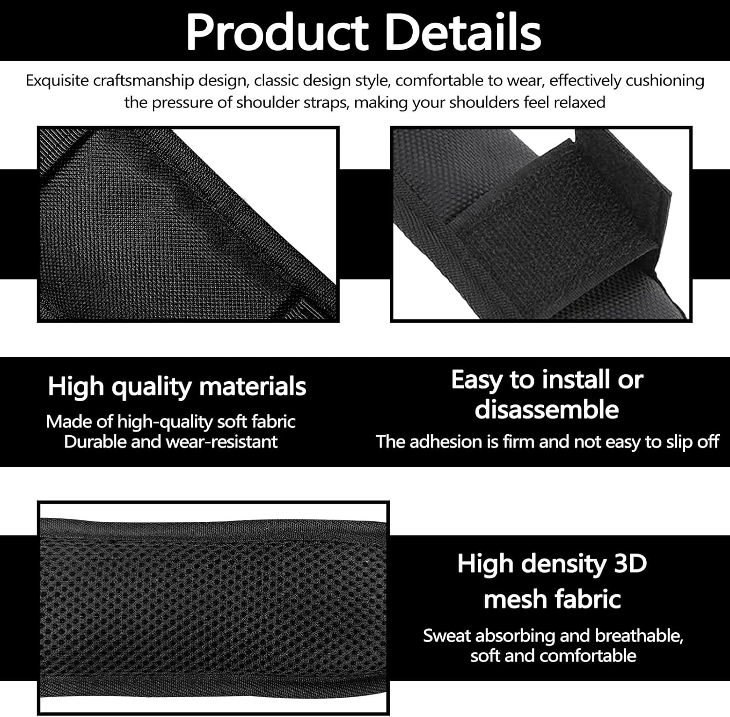 Huakaile 3 Packs Black Shoulder Strap Pad, Soft Bag Strap Cushion with Hook and Loop, Removable Backpack Strap Pads Replacement for Purse Guitar Crossbody Luggage Duffle image number 5