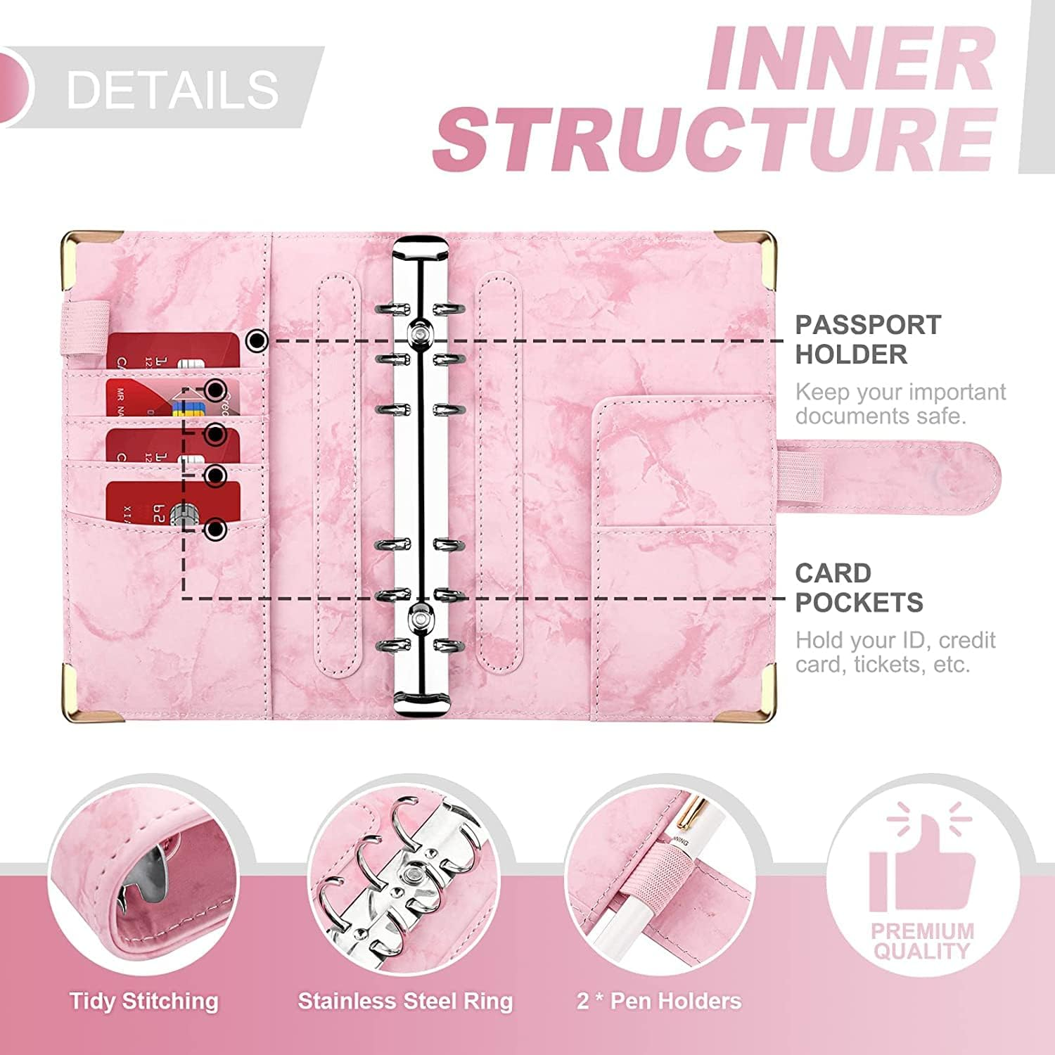 Budget Binder, Cash Envelopes for Budgeting, Money Organizer for Cash, 12Pcs Budget Binder with Cash Envelopes, Marble 6-Ring Money Saving Binder(Pink) image number 3