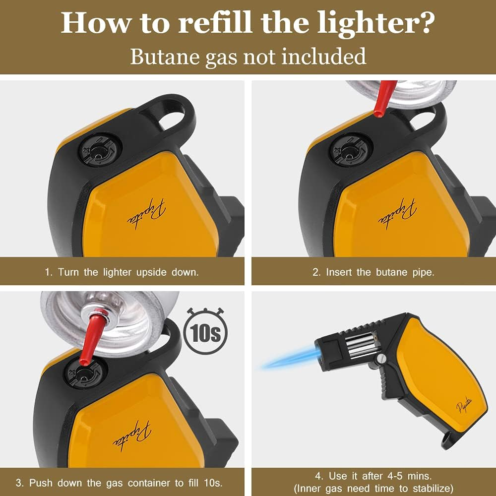PIPITA Windproof Torch Lighter, Adjustable Big Single Blue Flame Torch Firelighters Refillable Butane Gas Lighter (Butane Not Included) (Yellow) image number 1
