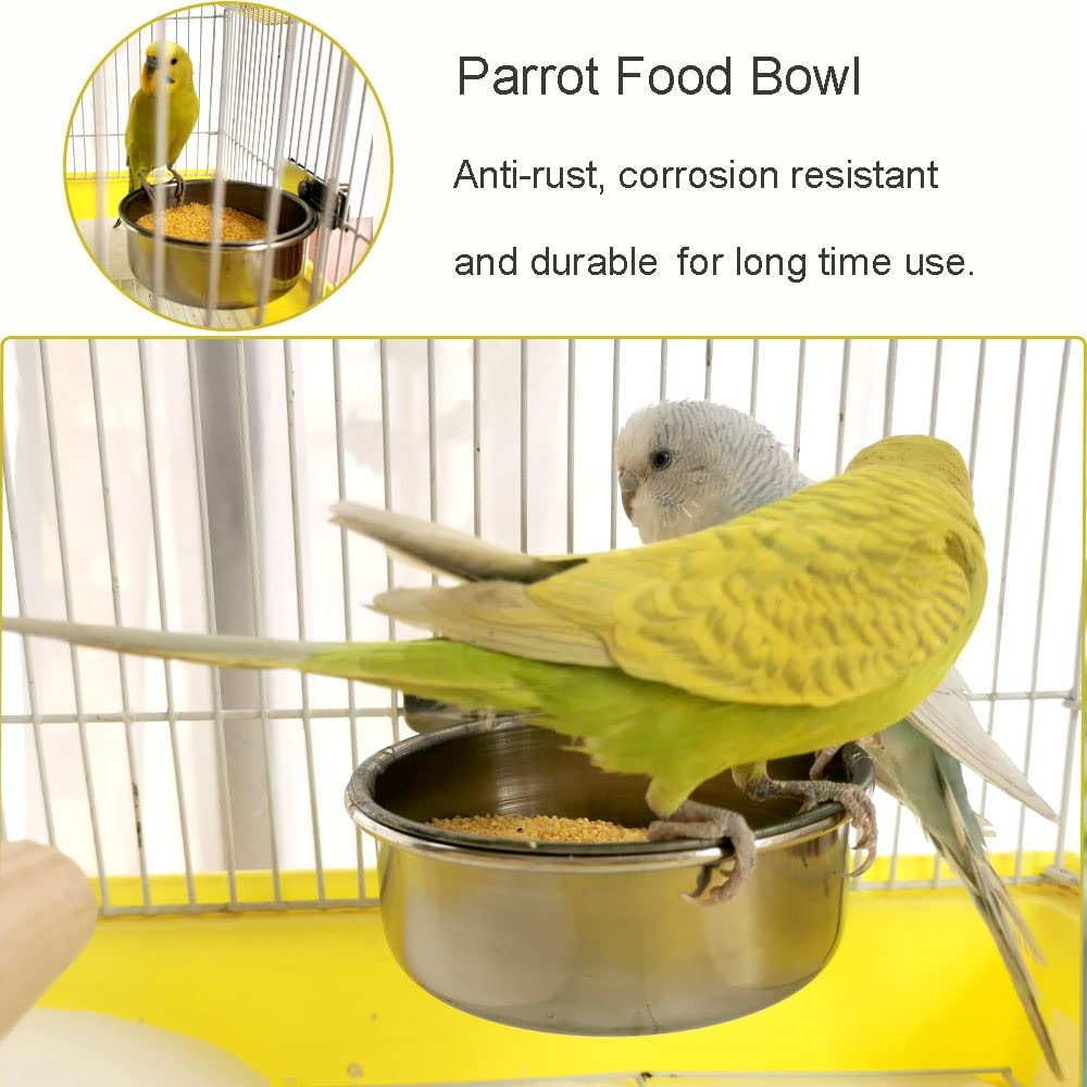Tfwadmx 2 Pack Bird Feeding Dish Cups, Parrot Food Bowl Clamp Holder - Stainless Steel Coop Cup, Bird Cage Water Bowl for Parakeet African Greys Conure Cockatiels Lovebird Budgie Chinchilla - Silver image number 2