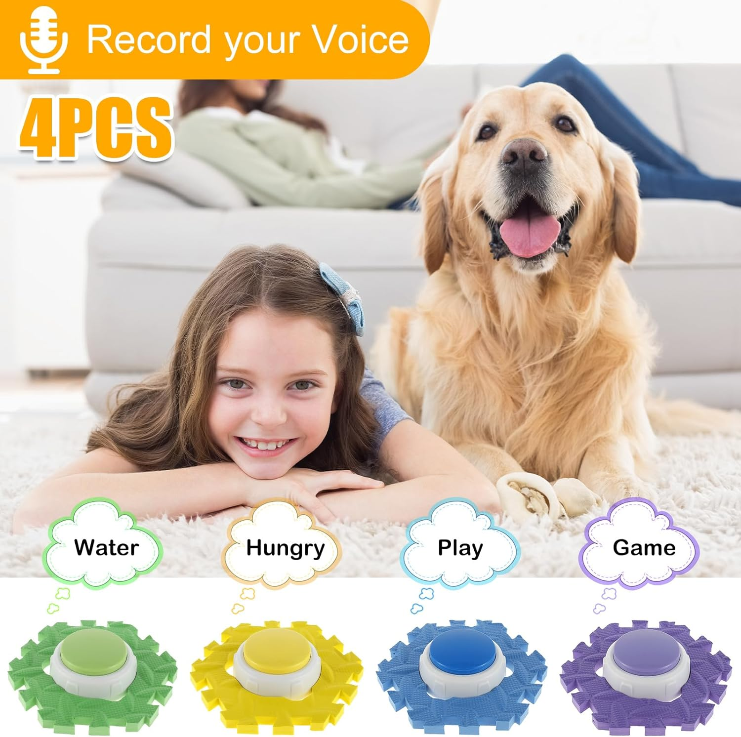 4Pcs Dog Talking Button and Non-Slip Mat, Pet Training Buzzer, Recordable Training Buttons for Dogs, 30Seconds Voice Recording, Portable Easy to Use for Communication Dogs Pet image number 2