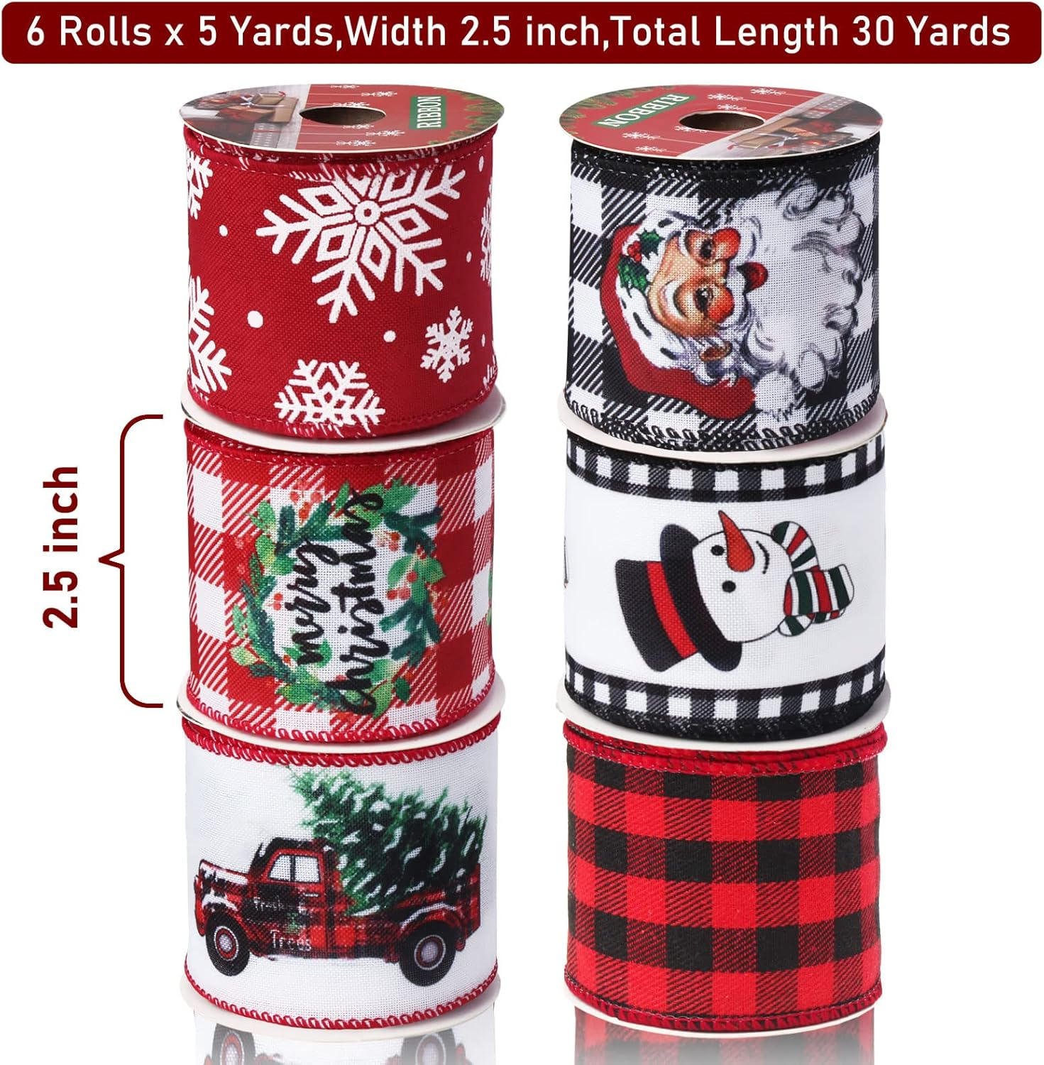 Vloso Christmas Ribbon Wired 2.5 Inch, 6 Roll 30 Yards - Santa, Snowman, Snowflake, Buffalo Plaid for Wreaths, Bows, Decor, DIY Crafts image number 5