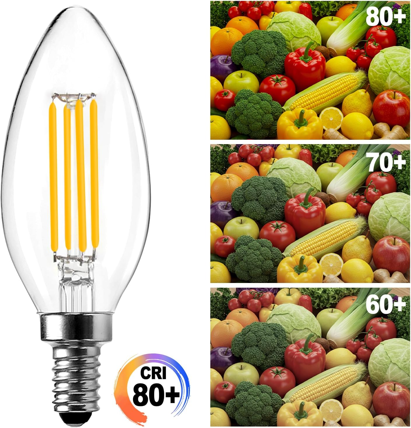 Langplus+ E14 LED Light Bulb, Dimmable Candle Bulbs, 6W, 60W Equivalent Small Edison Screw SES E14 Bulb, Warm White 2700K, C35 LED Filament Bulb for Chandeliers, Ceiling Fan, 10 Pack image number 5