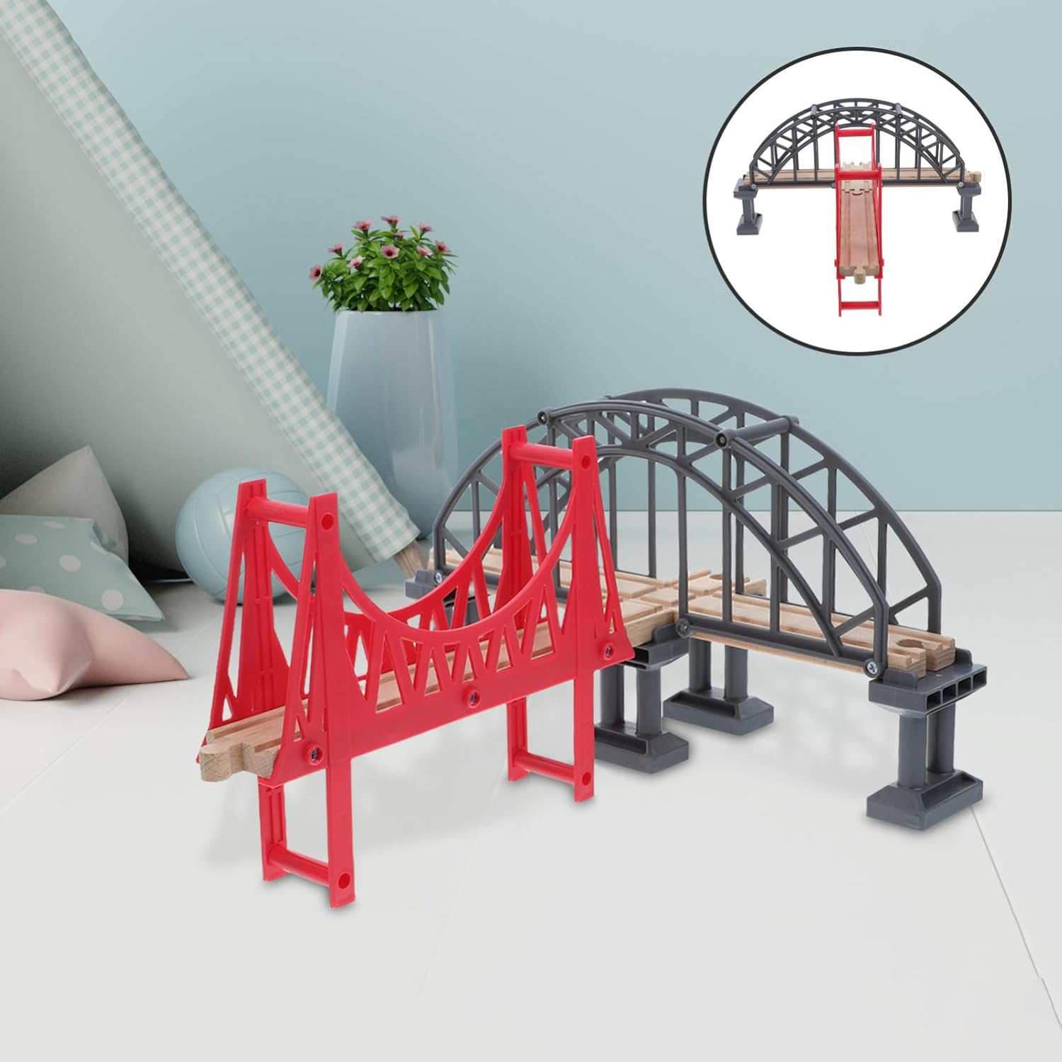 TOYANDONA Wooden Train Set Accessories, Train Bridge Model, Wooden Train Track Accessories Double Suspension Bridge Set, Compatible with Brio, Toy for Kids Toddlers image number 4